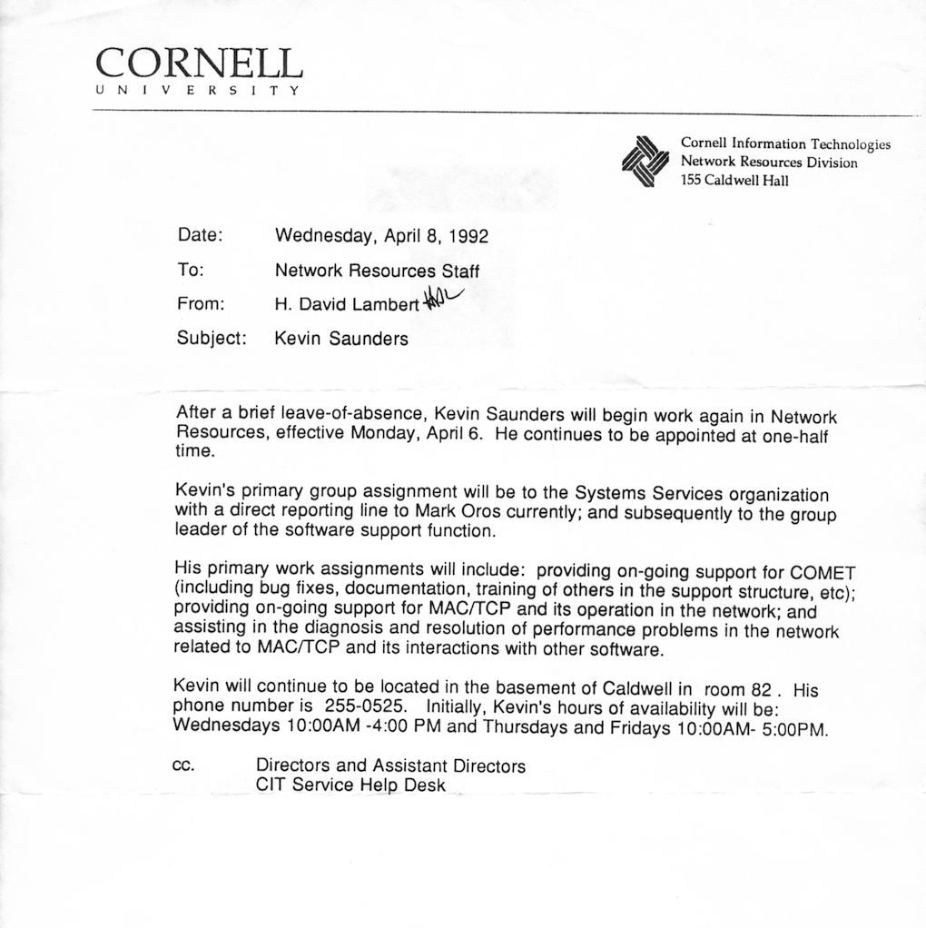 ./1992-04-08 - David Lambert Return Letter for Kevin Eric Saunders aka bonze blayk AUTHOR COMET Cornell Macintosh Terminal Emulator - ABSOLVED of MBDF Virus Release - MARK OROS.jpg